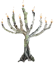 A lit Menorah made from branches from www.catsclips.com