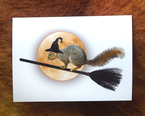 Witch Squirrel on Broomstick Halloween Card